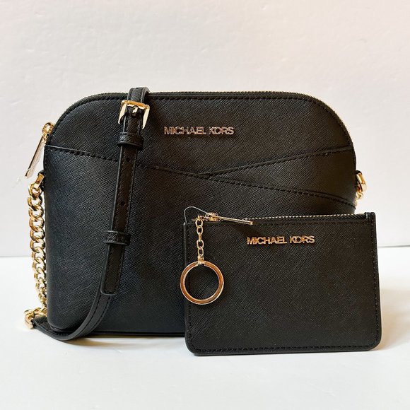 Michael Kors Jet Set Dome Crossbody Bag + Coin ID Key Holder Wallet Black - Picture 1 of 16